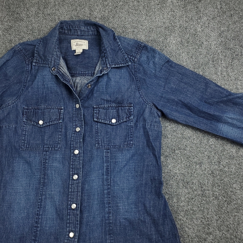 GH Bass Denim Western Jean Shirt Womens Small Pearl Snap Distressed Ranch Rodeo - Picture 3 of 10